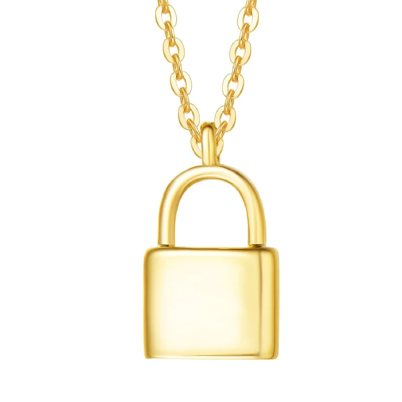 14K Solid Yellow Gold Lock Pendant Necklace