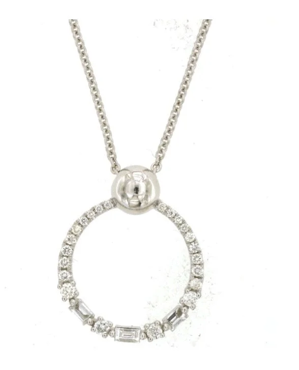 14k white gold baguette and round diamond open circle necklace