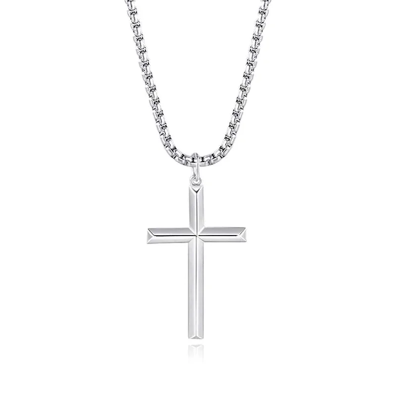 FANCIME Mens Beveled Cross Sterling Silver Necklace