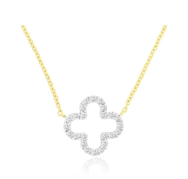 14k white and yellow  gold open quatrefoil diamond outline necklace