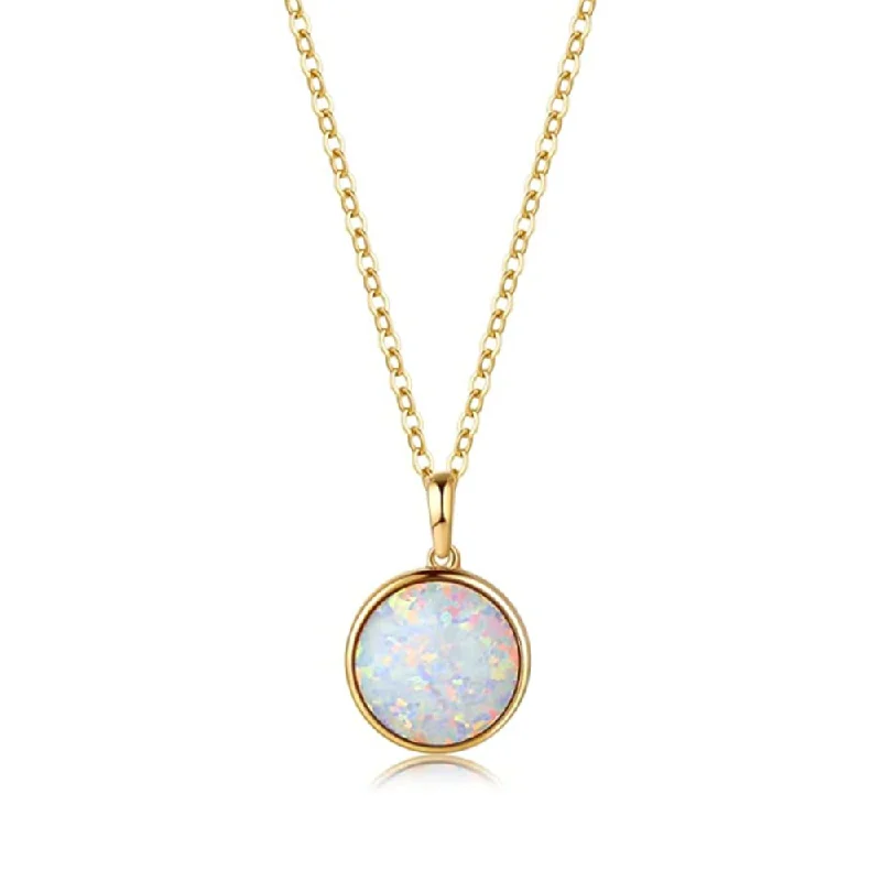 FANCIME Created White Opal Round14K Real Yellow Gold Necklace