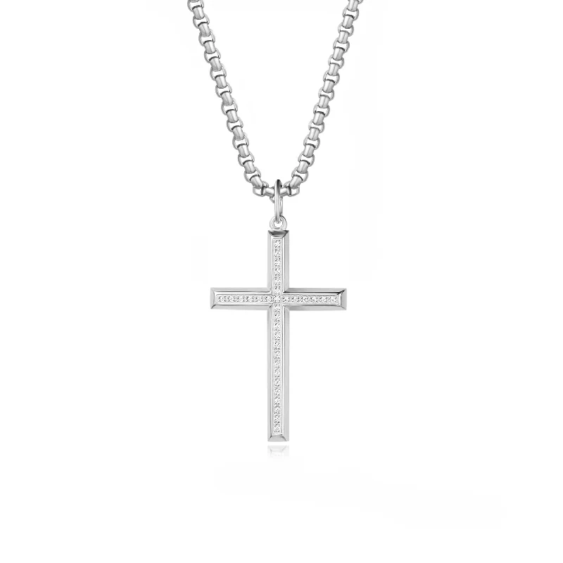 FANCIME Mens Box Chain Beveled Cross 925 Silver Necklace