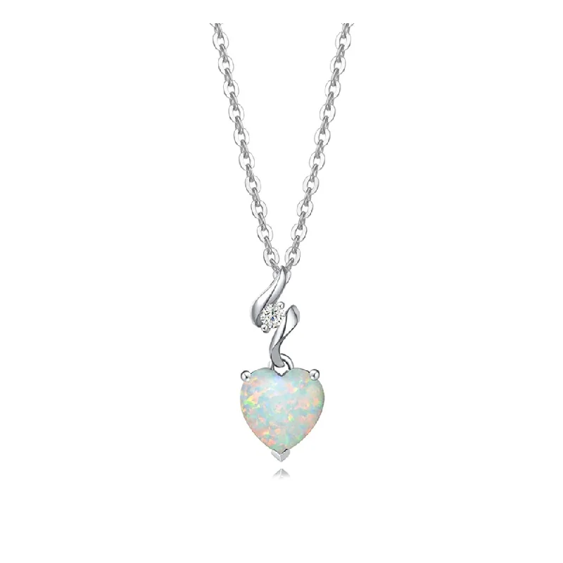 FANCIME Opal October Gemstone Heart Sterling Silver Necklace