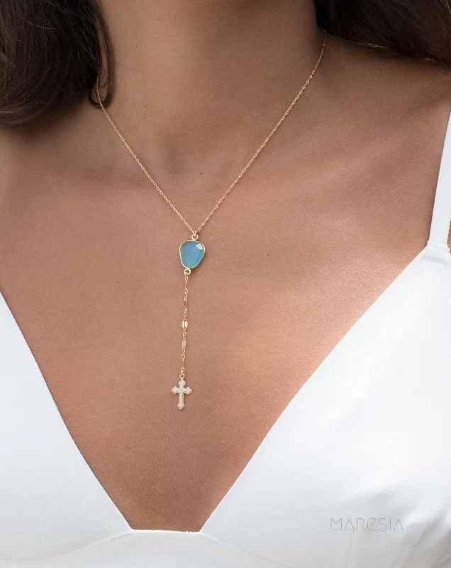 Y necklace Blue Chalcedony Cross ~ Gold Filled ~MN019