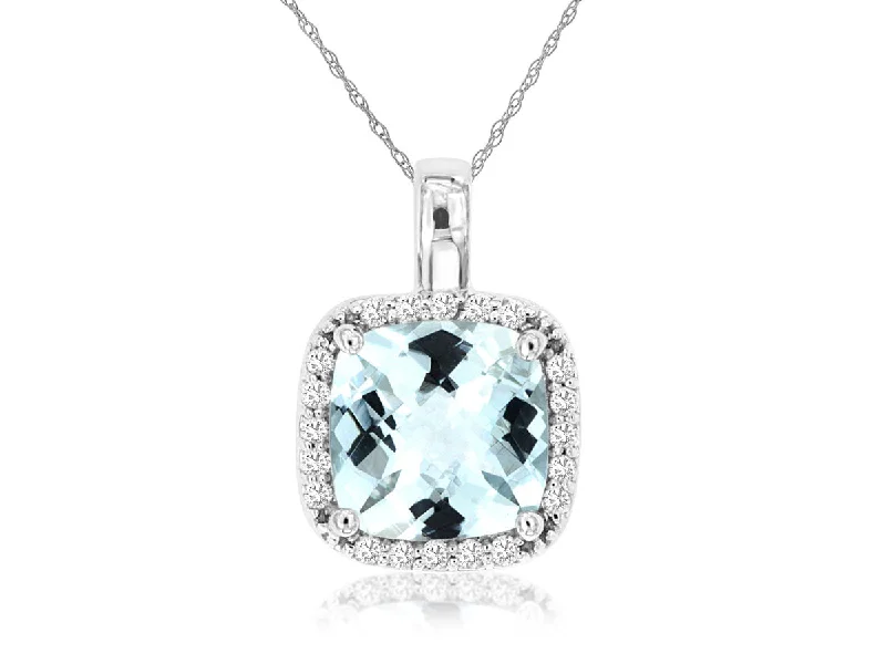 Cushion Cut Aquamarine Diamond Halo Necklace