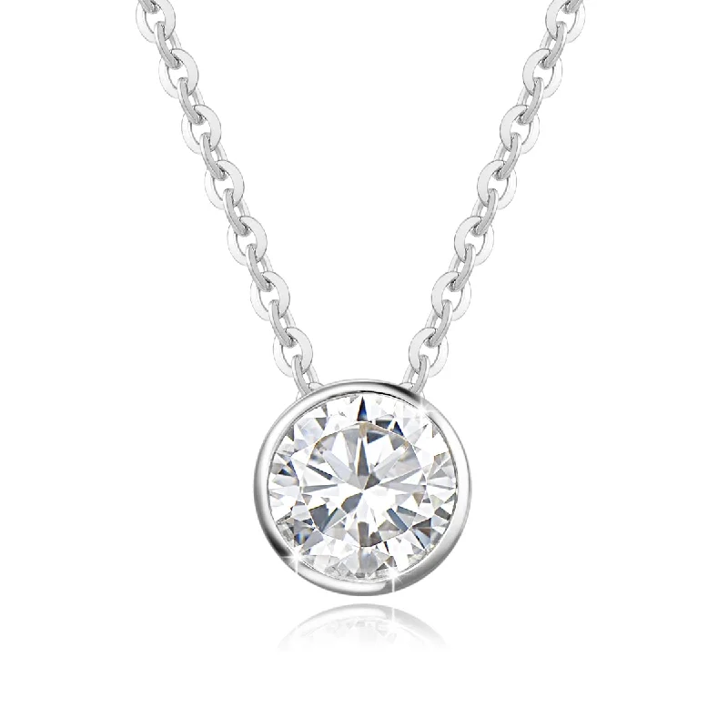 14K White Gold ONE Carat Moissanite Bezel Set Solitaire Pendant Necklace, 16+2 INCH