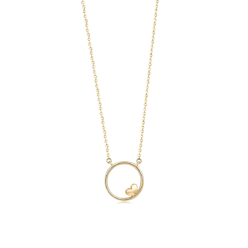 Open Circle Mini Heart Pendant Necklace In 14K Solid Gold