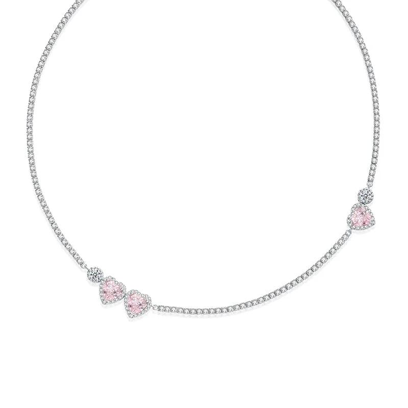 FANCIME "Pink Impression" Halo Heart Tennis Sterling Silver Necklace