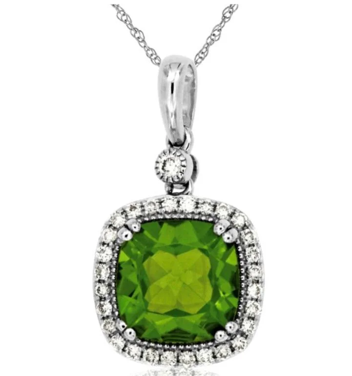 14k white gold cushion peridot diamond halo necklace