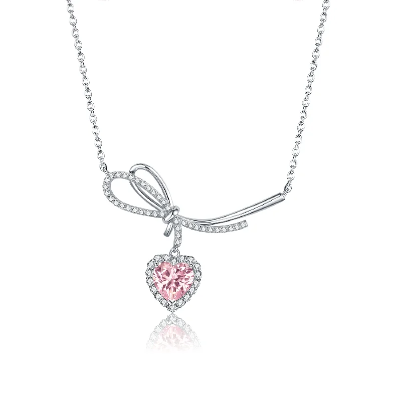 FANCIME “It Is A Crush” Sweet Bow Pink Heart Sterling Silver Necklace