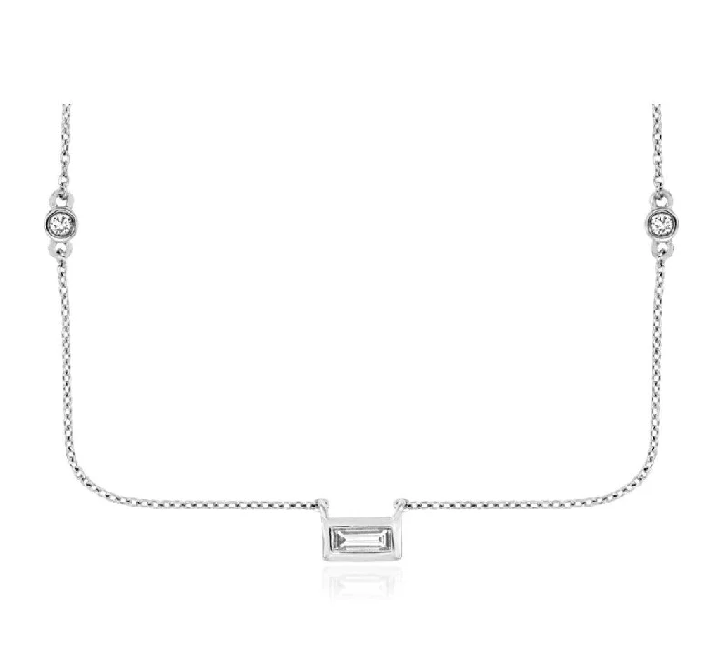 14k white gold center diamond baguette and round stations 16" necklace