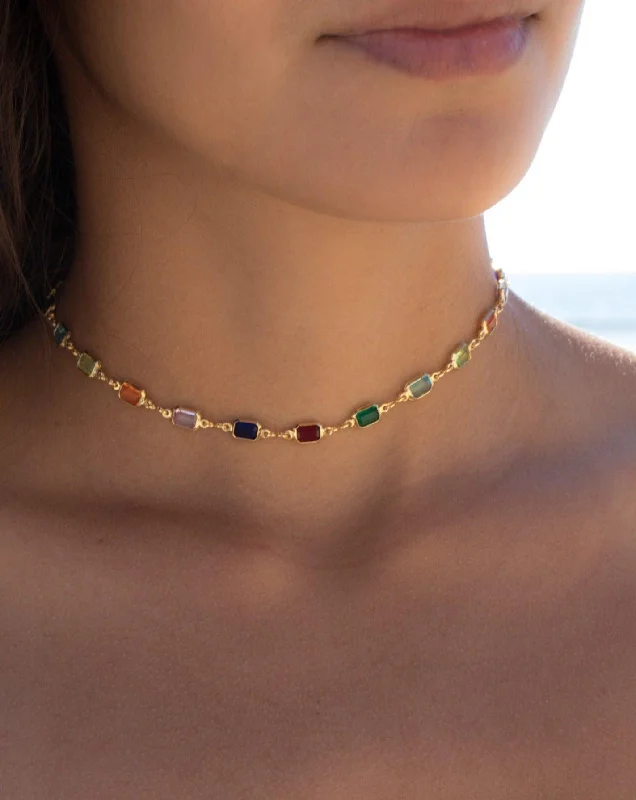 Multi colored crystals choker ~ Gold Plated~MN034