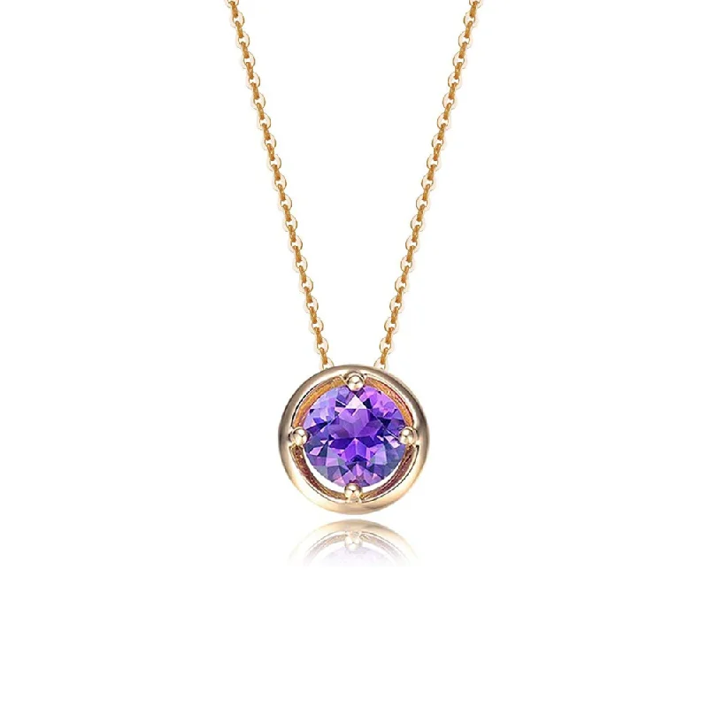 FANCIME Round Amethyst February Birthstone 14K Yellow Gold Necklace