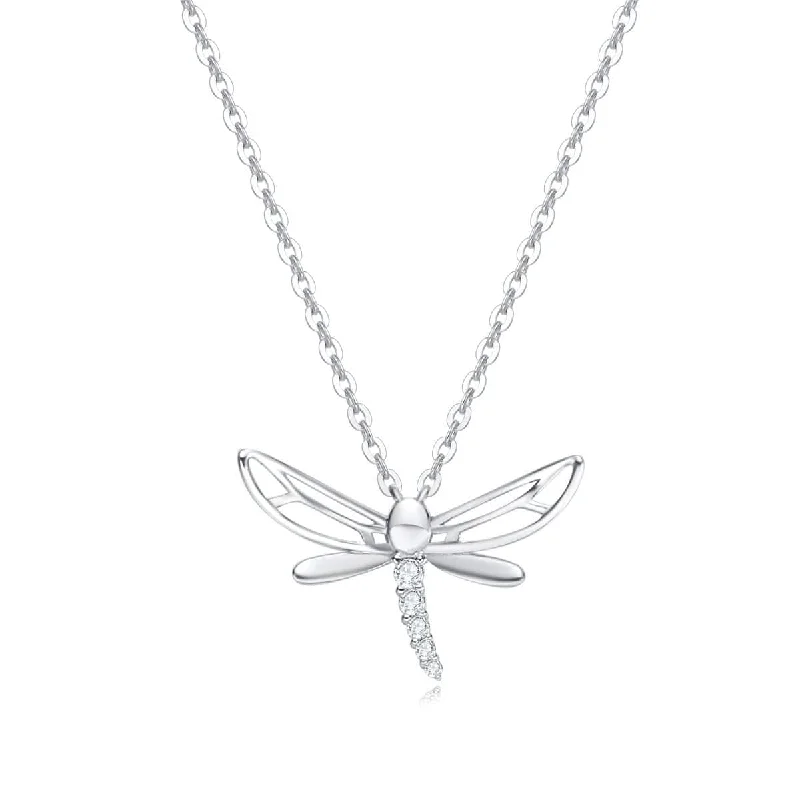 FANCIME CZ Dragonfly 14k Solid White Gold Necklace