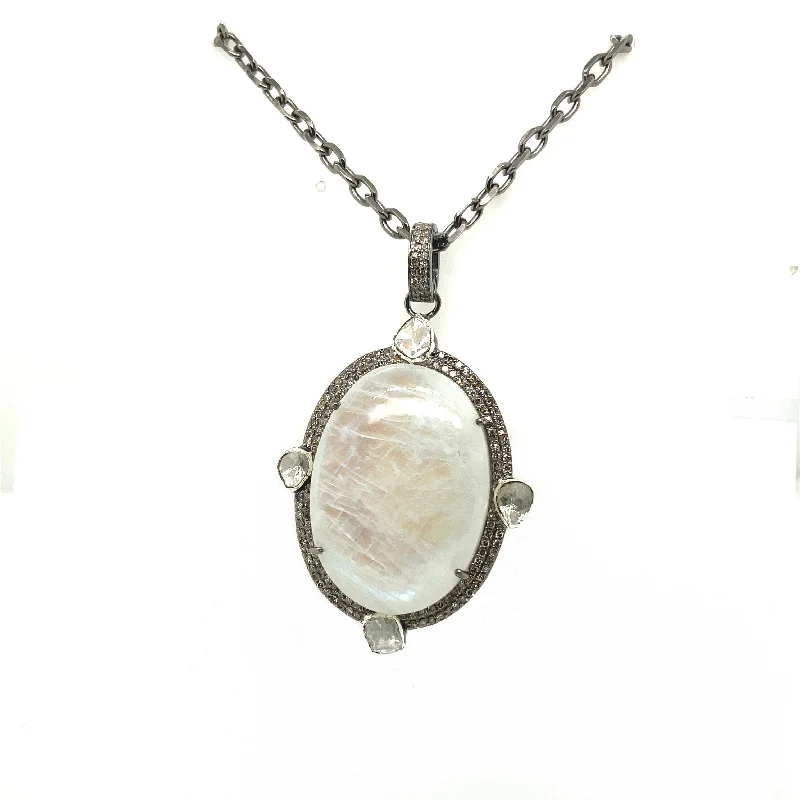 Oval Moonstone & Polki Diamond Pendant