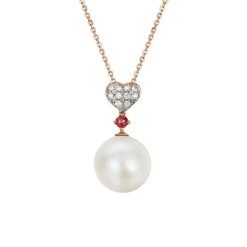 Akoya Pearl Necklace with Heart Diamond - 18K Rose Gold